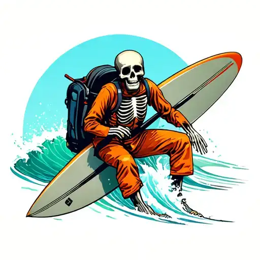Surfing Skeleton In Orange Jumpsuit And A Black Headsack
