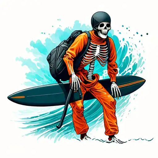 Surfing Skeleton In A Orange Jumpsuit And A Black Headsack