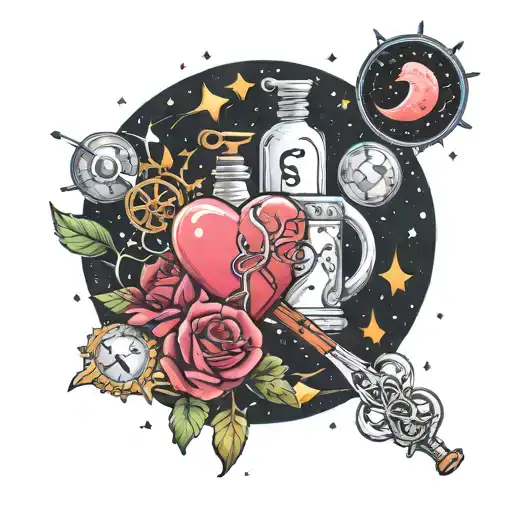 A Constellation Of Love-themed Symbols Intertwined With Pharmacy Tools