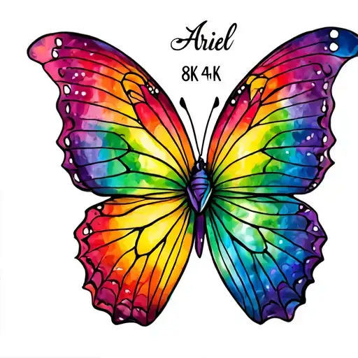 A Tattoo Of A Rainbow Butterfly With The Name Ariel Above It