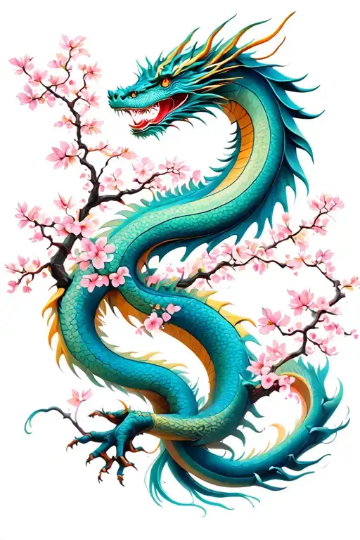 Dragon Spiraling Around Cherry Blossom Tree