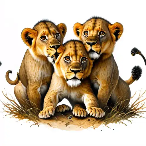 Three Lion Cubs Playing