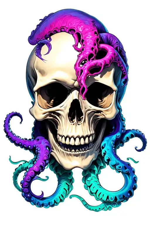 Skull With Purple Pink And Teal Kraken Through Hooes