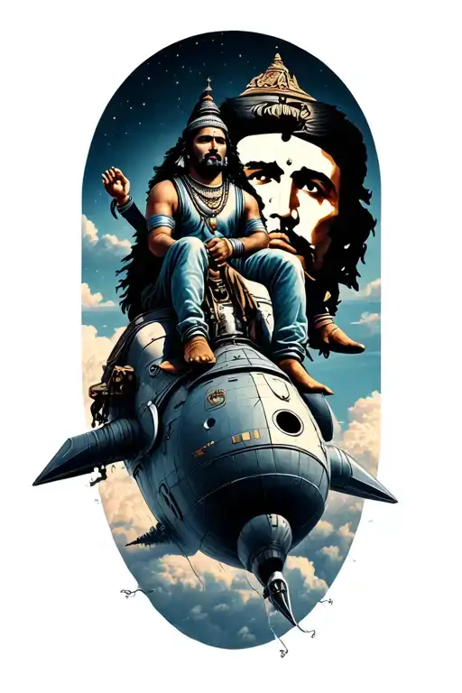 Shiva Sits Next To Che Guevara Riding On A Rocket Ship Sailing