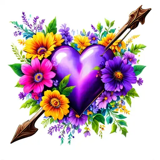 Bow And Arrow With Different Colored Flowers And Purple Heart