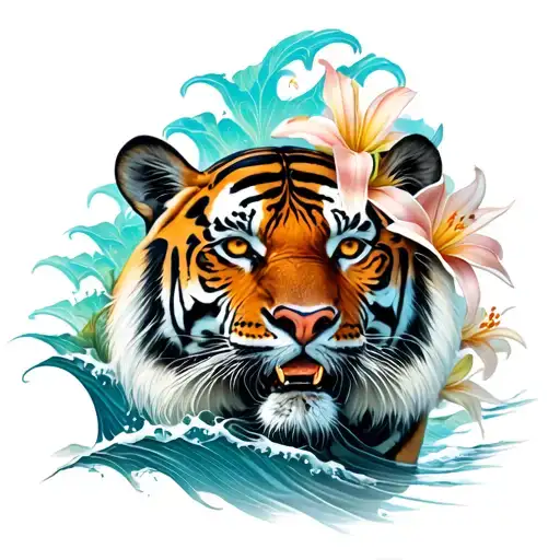 A Tiger Against Lilies And Waves