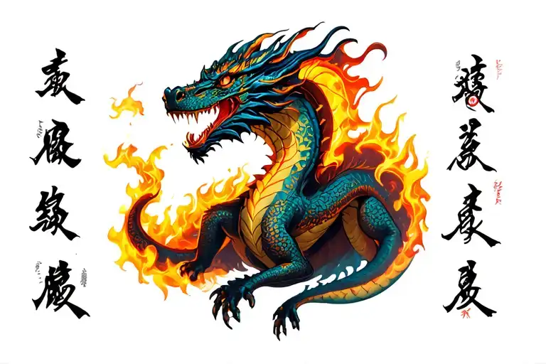 Realistic Dragon Tattoo With Realistic Flames