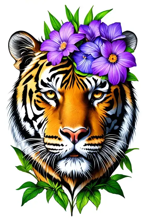 Tiger Face With Pretty Purple Flowers Growing Up From The Head