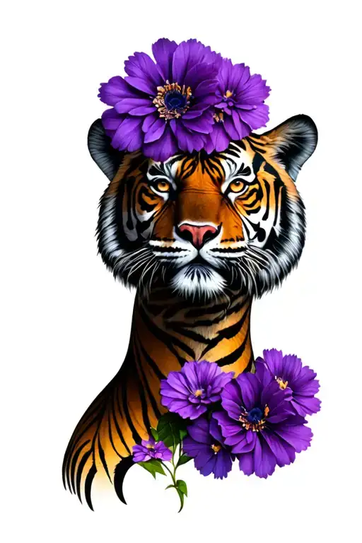 Tiger Face With Pretty Purple Flowers Growing Up To Neck
