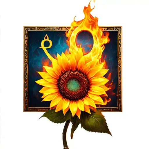 Ankh Symbol Intertwined With Sunflower Filled With Fire