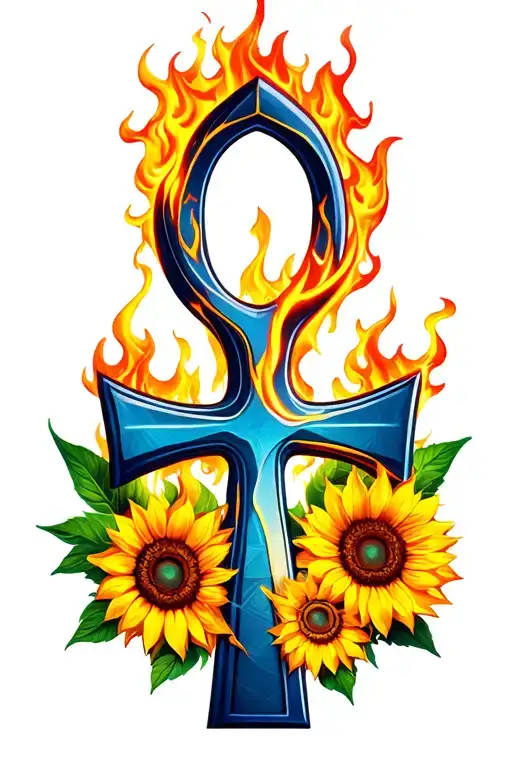 Ankh Symbol Filled With Fire Intertwined With Sunflower