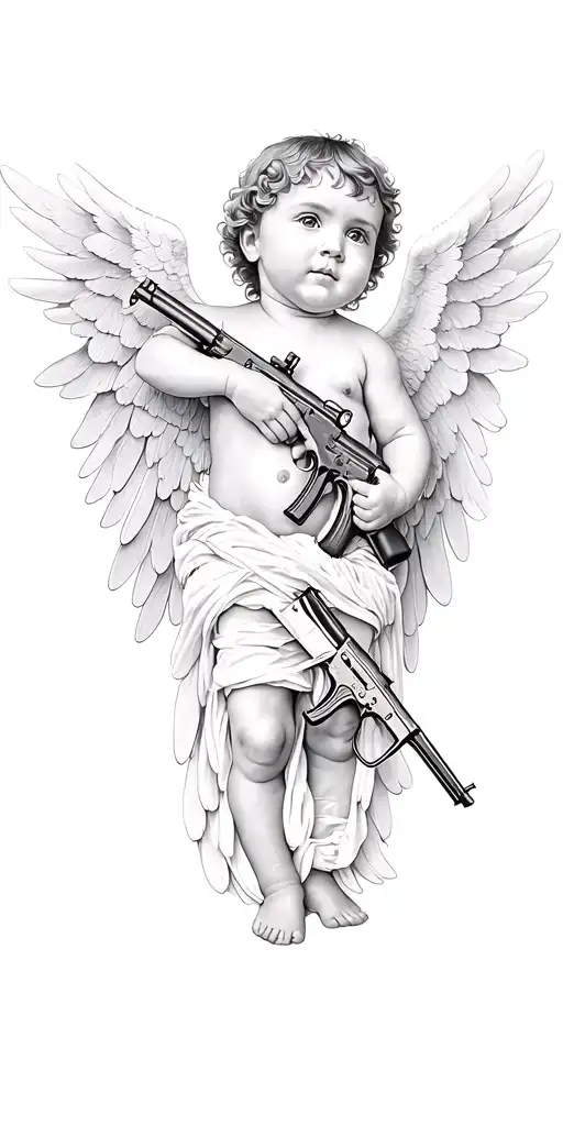 Baby Angel With Wings Wrapped While Holding Ak-47 Guns