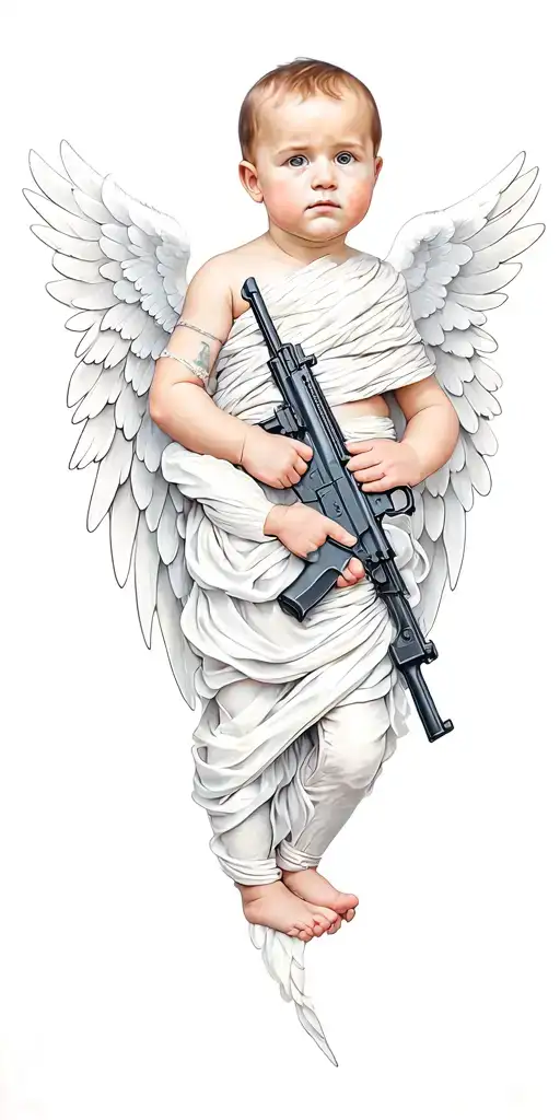 Baby Angel With Wings Wrapped While Holding Ak-47 Guns