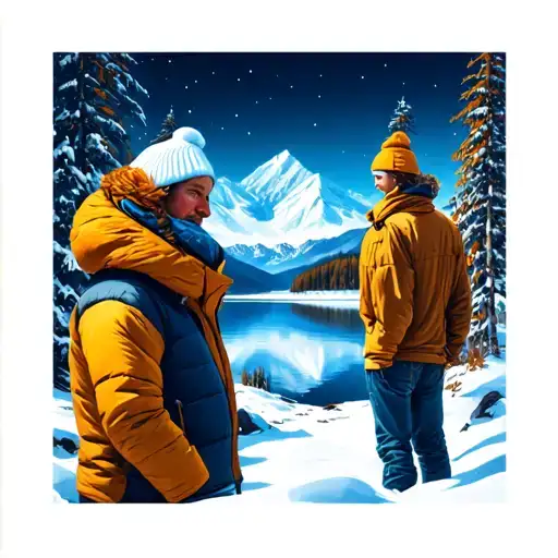 Snowcap Mountains Lake Two People