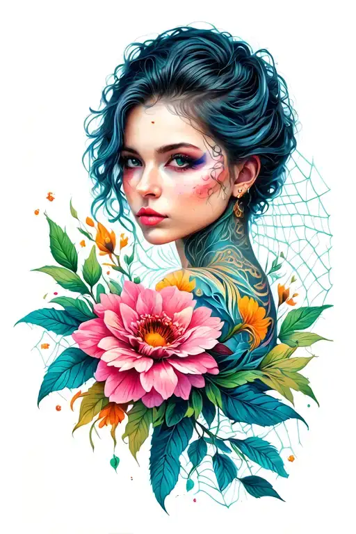 Tattoo On The Shoulder Of A Web With Flowers And