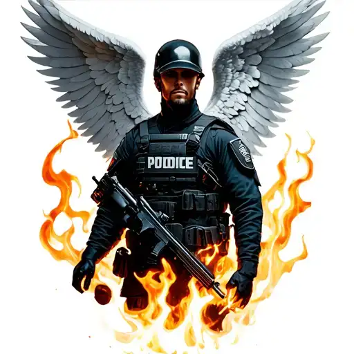 Swat Officer With Angel Wings At The Gates Of Hell