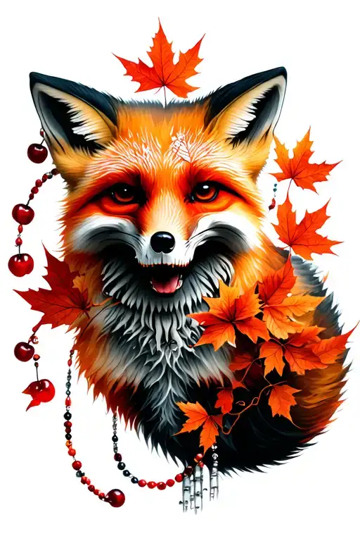 Fox With Skull And Cherry Blossoms Falling Maple Leafs With Rosery Beads Intertwined