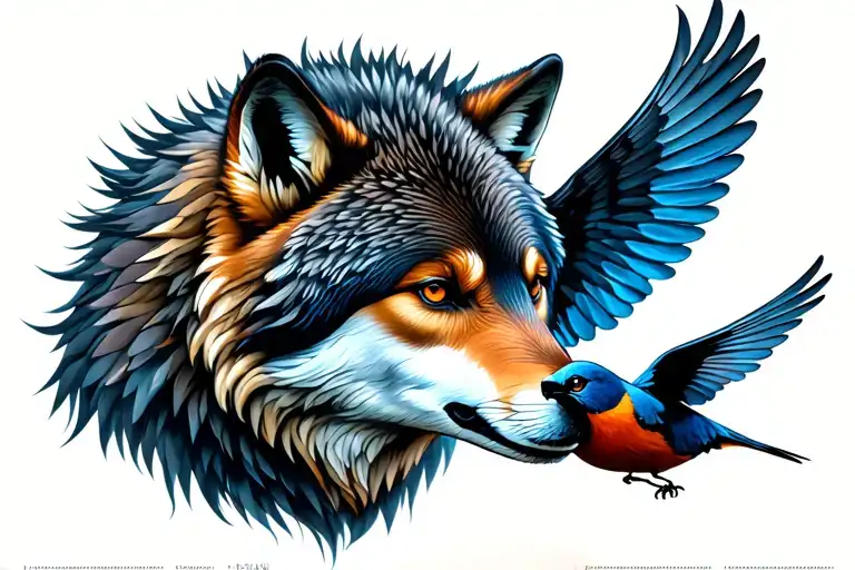 Young Wolf With Little Bird Flying