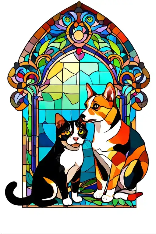 Stained Glass Window With Dog And Cat
