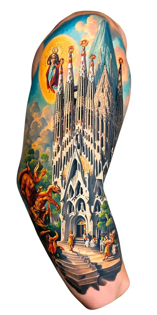 Sagrada Familia Gaudi Barcelona Arm Sleeve With Saint And Demon Salvador Dali Painting