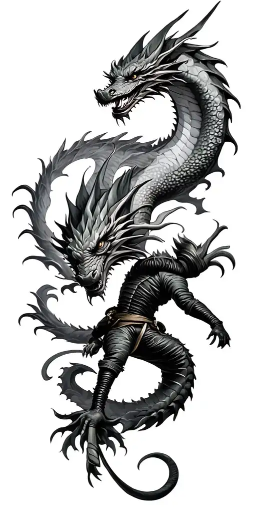 Ninja Themed Tattoo With Dragon Flying