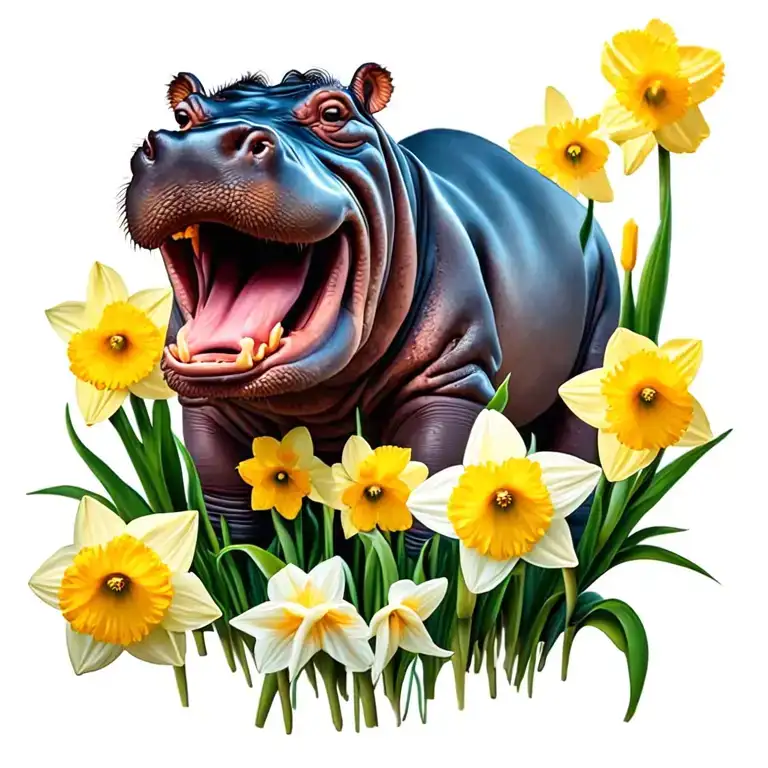 Hippo Surrounded By Daffodils Growing