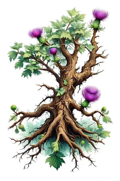 Gnarly Oak Tree With Scottish Thistle Intertwined