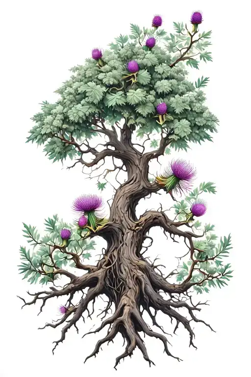 Gnarly Oak Tree With Scottish Thistle Intertwined