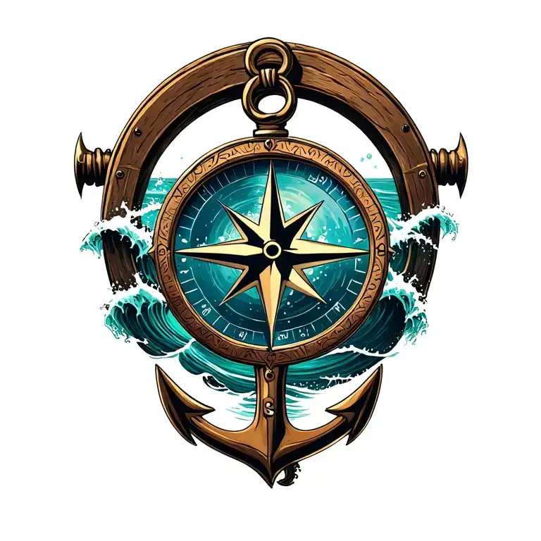 Compass With Anchor And Ocean Waves