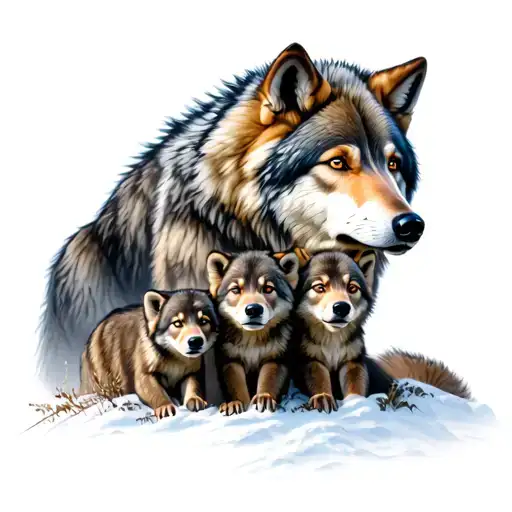 Mother Wolves With 3 Cubs