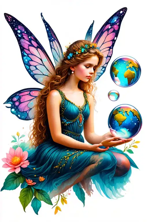 Fairy Sitting Holding A Bubble World