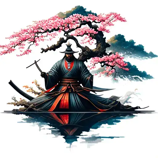 Samurai And Sakura Tree