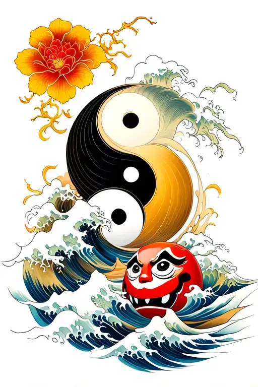 Ying Yang And Daruma Doll And Wave