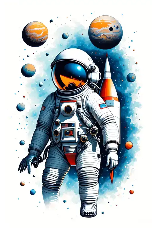 Astronaut With A Rocket In Outer Space Against The Backdrop Of Many Planets