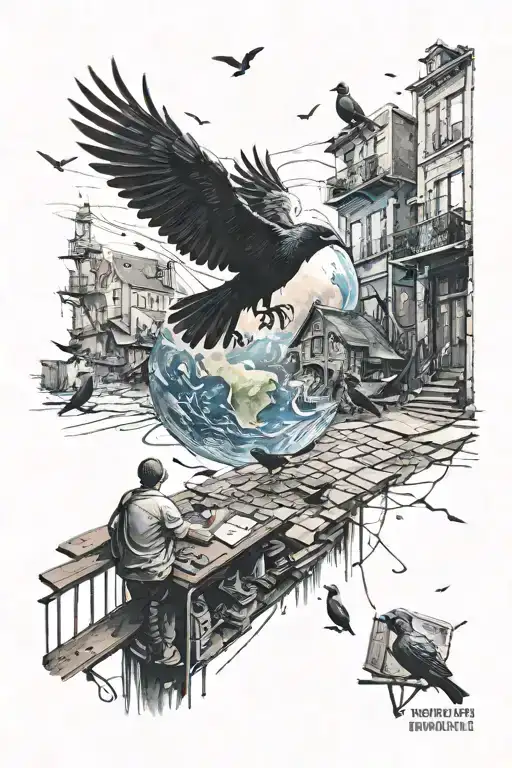 Dark Street With Unit With Crows And A Person Painting A Photo Of The Earth