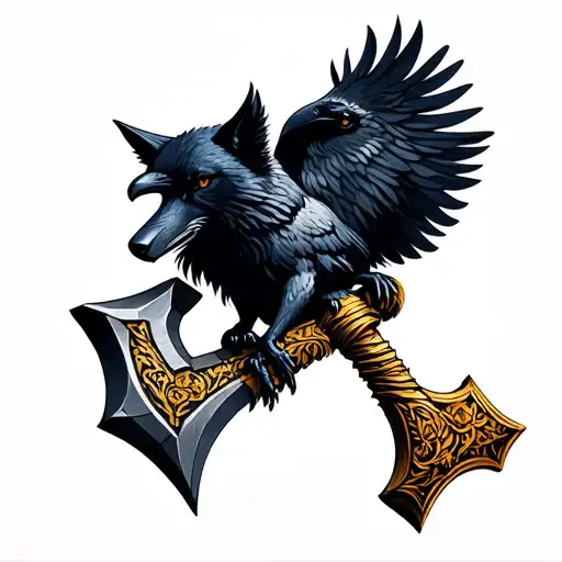 Norse Hammer With Wolf And Raven