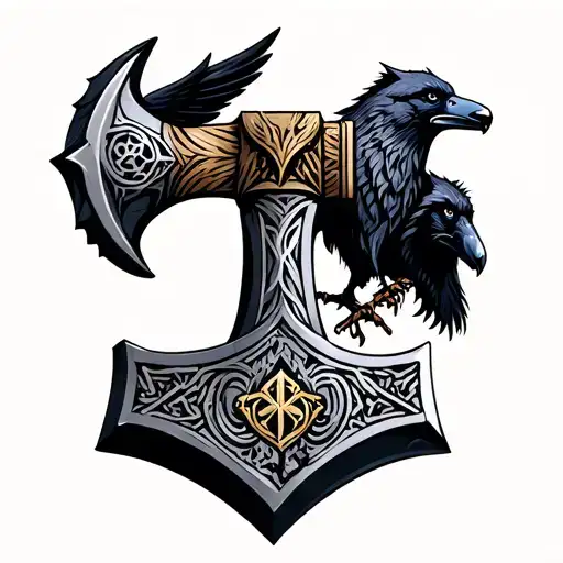 Norse Hammer With Wolf And Raven