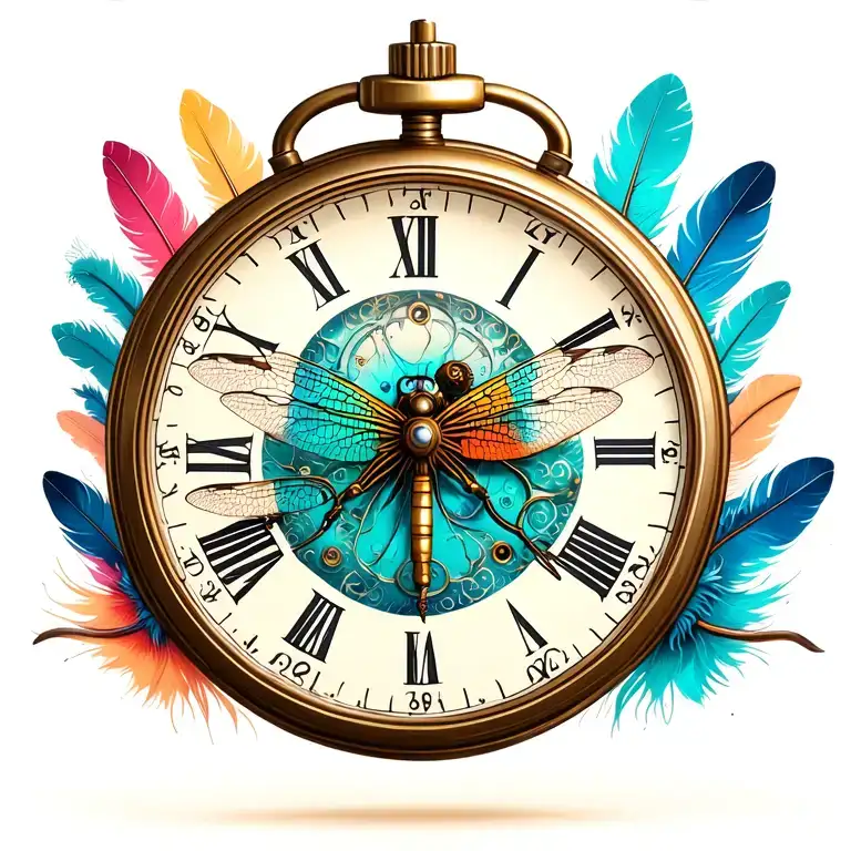 Vintage Steampunk Stopwatch With Feathers Behind And Abstract Dragonfly