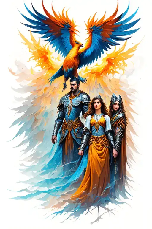 Masculine Pheonix Rising Behind A Tribel Valkyrie Warrior Woman