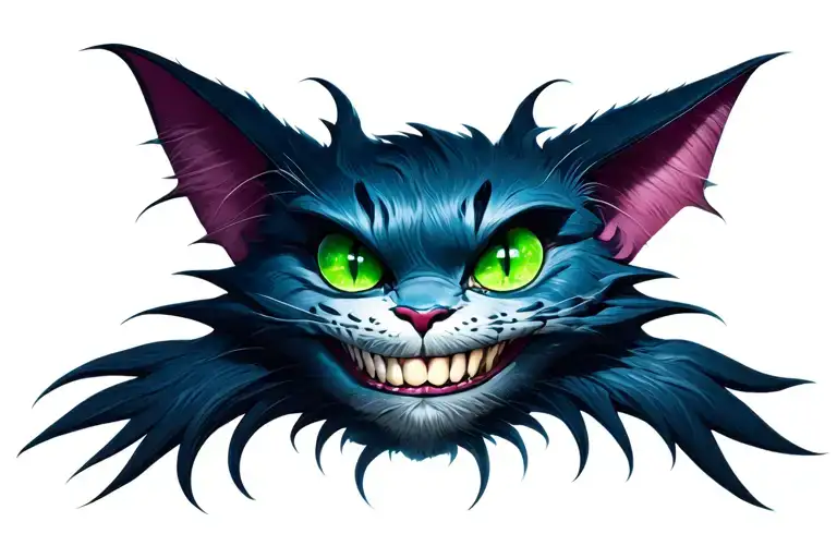 Dark Gritty Grim Cheshire Cat Grin And Eyes With Eyes Brightly Coloured In Greens And Blues