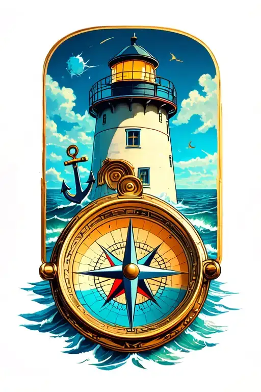 Compass With Anchor Beside A Lighthouse