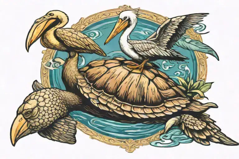 Pelican And Turtle Swimming