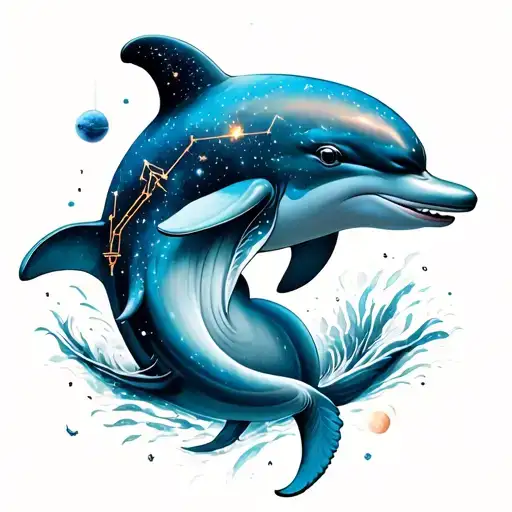 Dolphin With Capricorn Constellation On Forehead In Outer Space