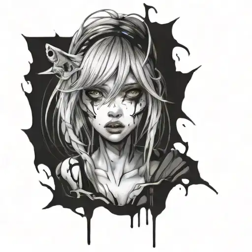 Black And White Anime Girl Gore Horror Gothic Style