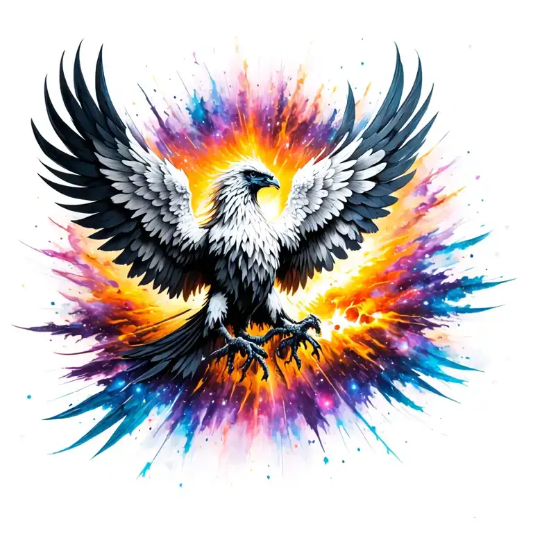 A Black And White Phoenix Exploding Out Of A Color Galaxy
