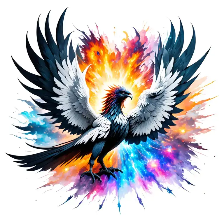 A Centered Black And White Phoenix Exploding Upwards Out Of A Color Galaxy