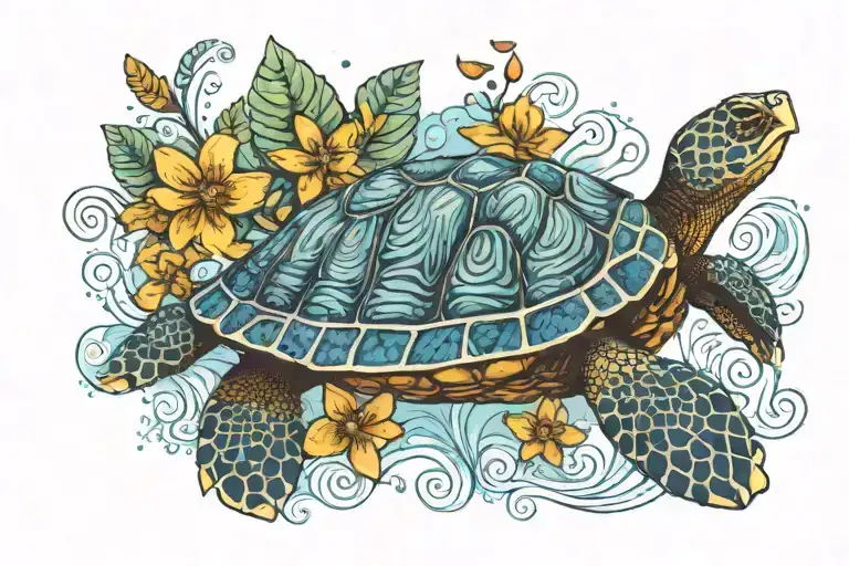 Colour Turtle Swimming Gracefully With Blue Background Aboriginal Dot Work And Tropical Flowers
