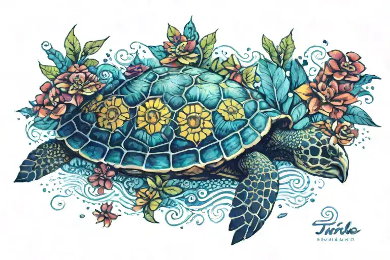 Colour Turtle Swimming Gracefully With Blue Aboriginal Dot Work Background And Tropical Flowers