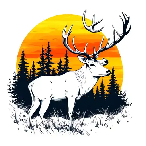 White Stag With Sun Set And Trees