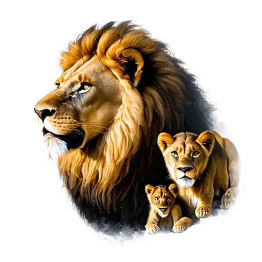 Lion Lioness With 2 Cubs And The Lion Is Overcoming A Bad Past